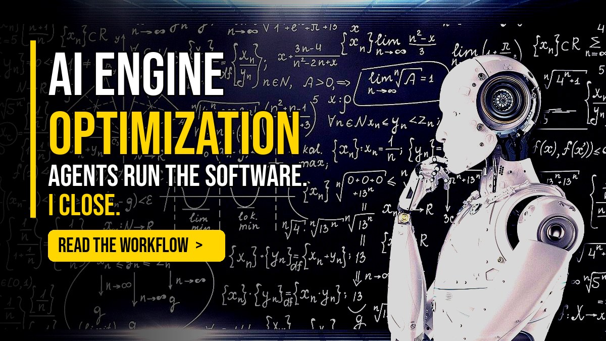 AI Engine Optimization: agents run the software, I close. Humanoid AI robot in front of a chalkboard of equations with a Read the workflow button