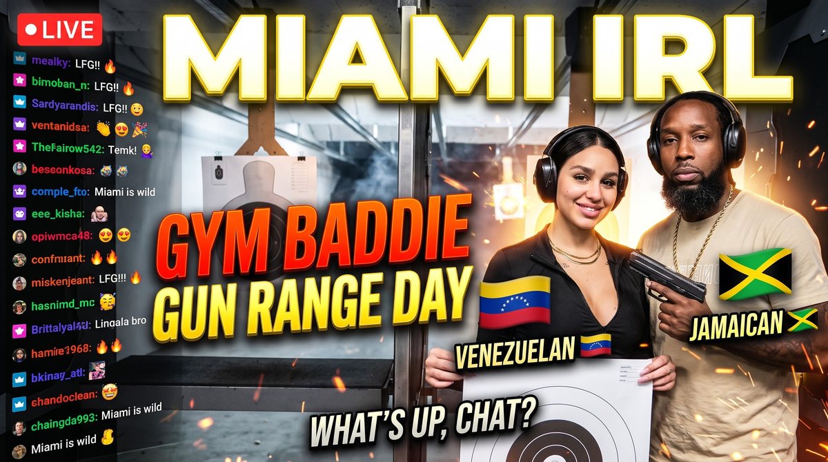 Stream thumbnail for the Miami IRL gym baddie gun range day live stream at Nexus Gun Range in Davie FL with Unc Taylor and Coach Ana
