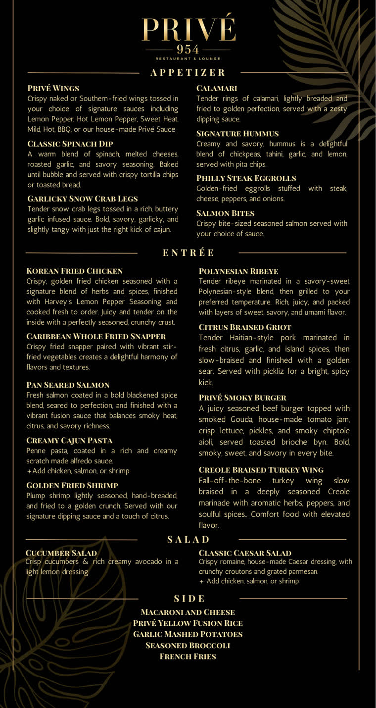 Privé 954 Restaurant & Lounge menu board with appetizers, entrées, salads and sides
