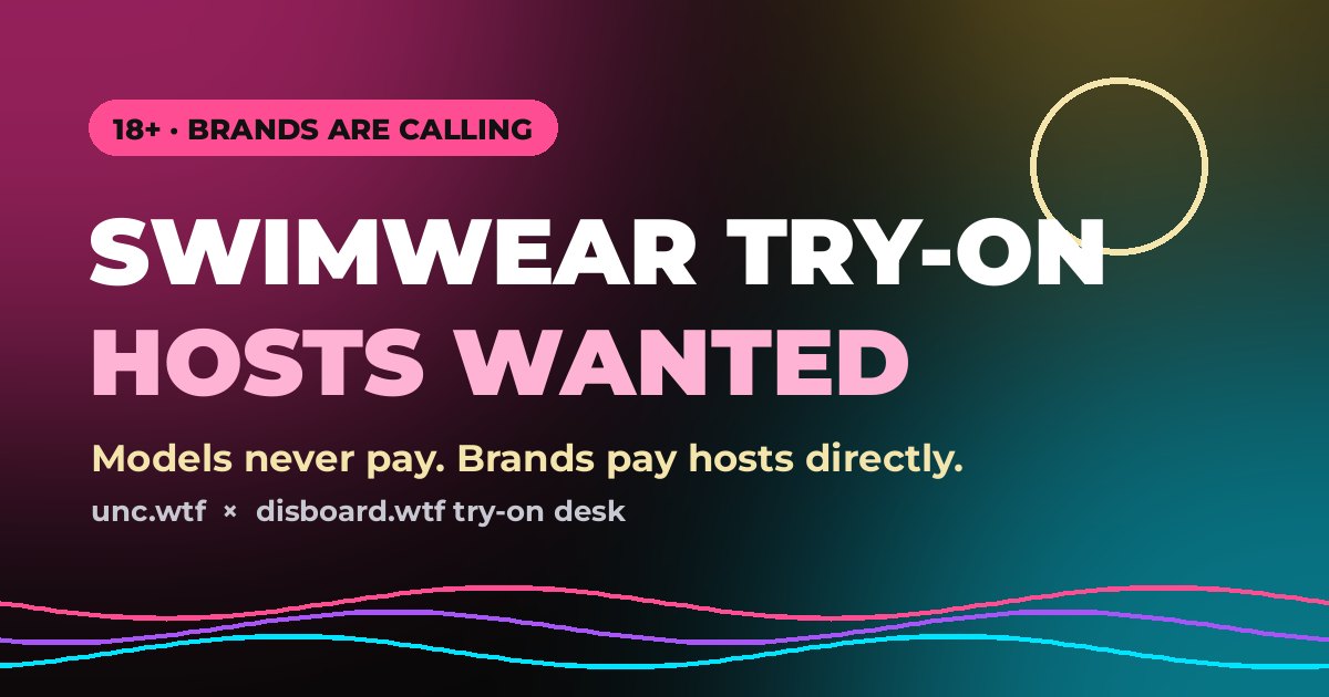 Swimwear try-on hosts wanted graphic: brands are calling, models never pay, 18+