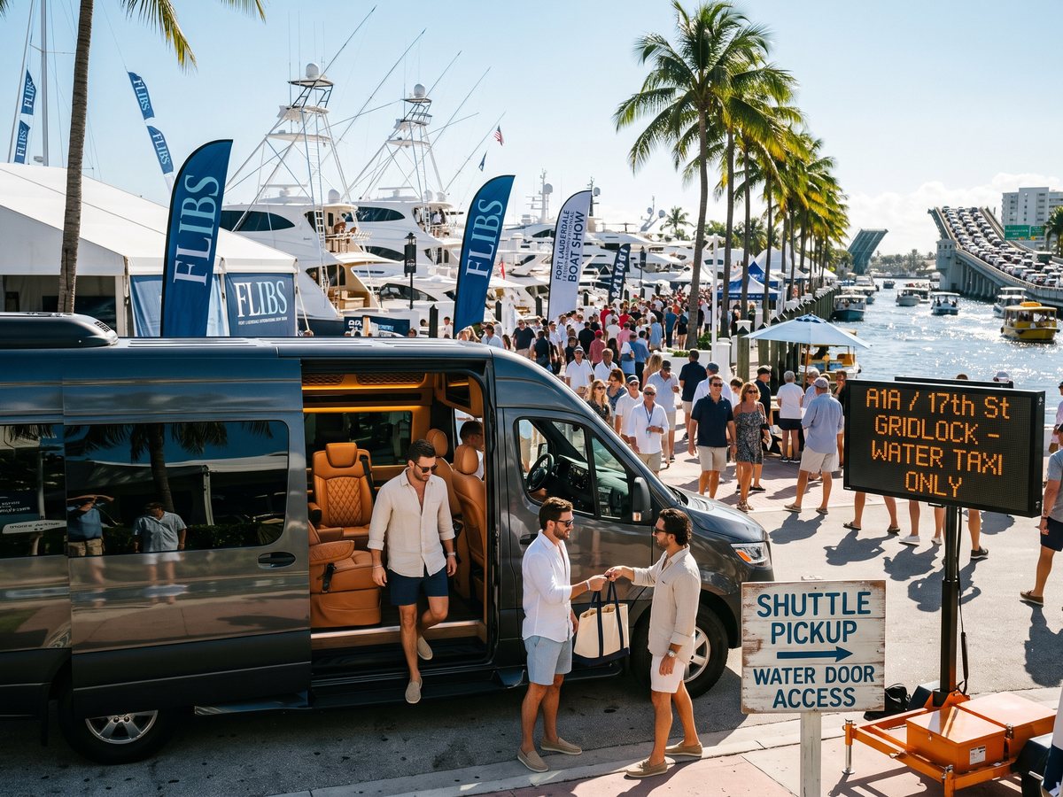 Sign at FLIBS 2026 reading A1A 17th St gridlock water taxi only next to a Sprinter van at the shuttle pickup