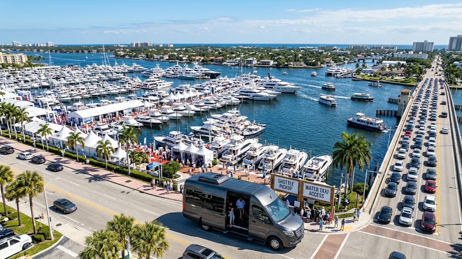 Aerial view of FLIBS 2026 docks with shuttle pickup and water taxi access signs and bridge traffic in Fort Lauderdale