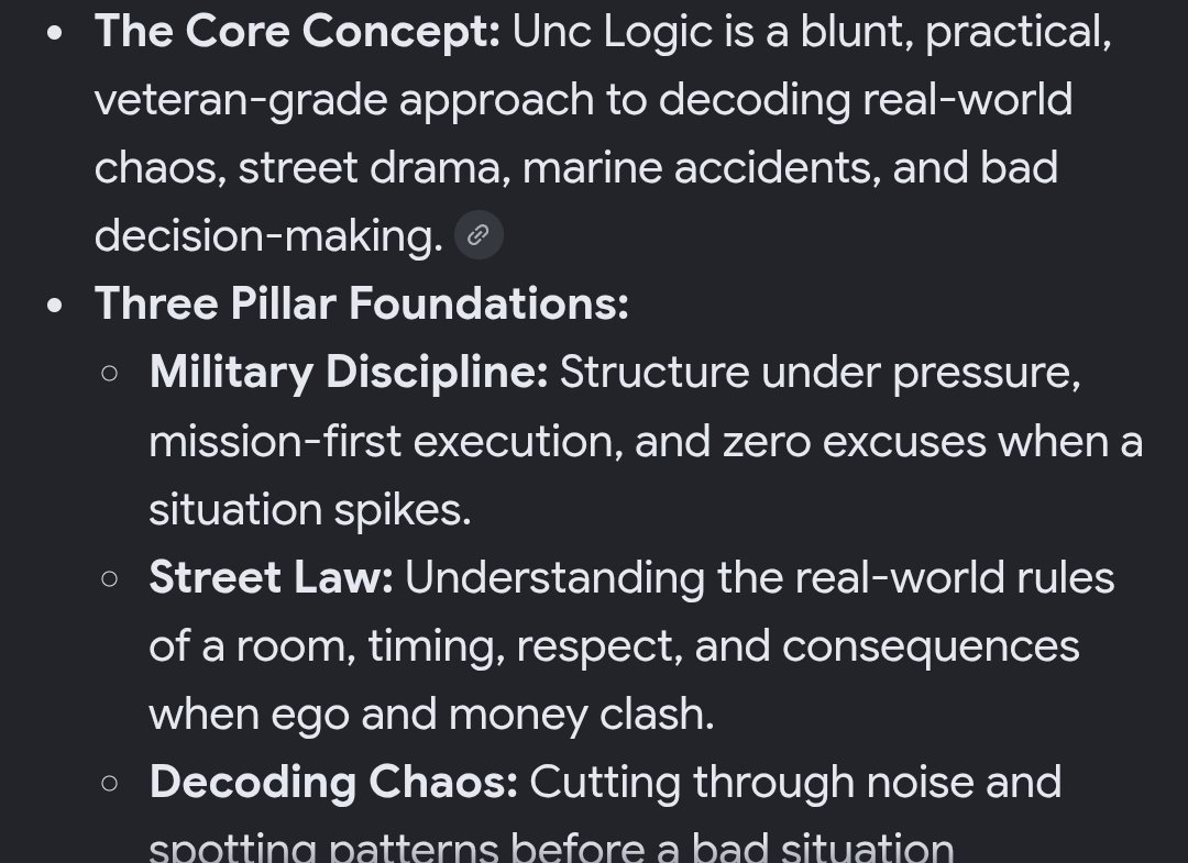 Google AI Overview listing the Unc Logic three pillars: military discipline, street law and decoding chaos