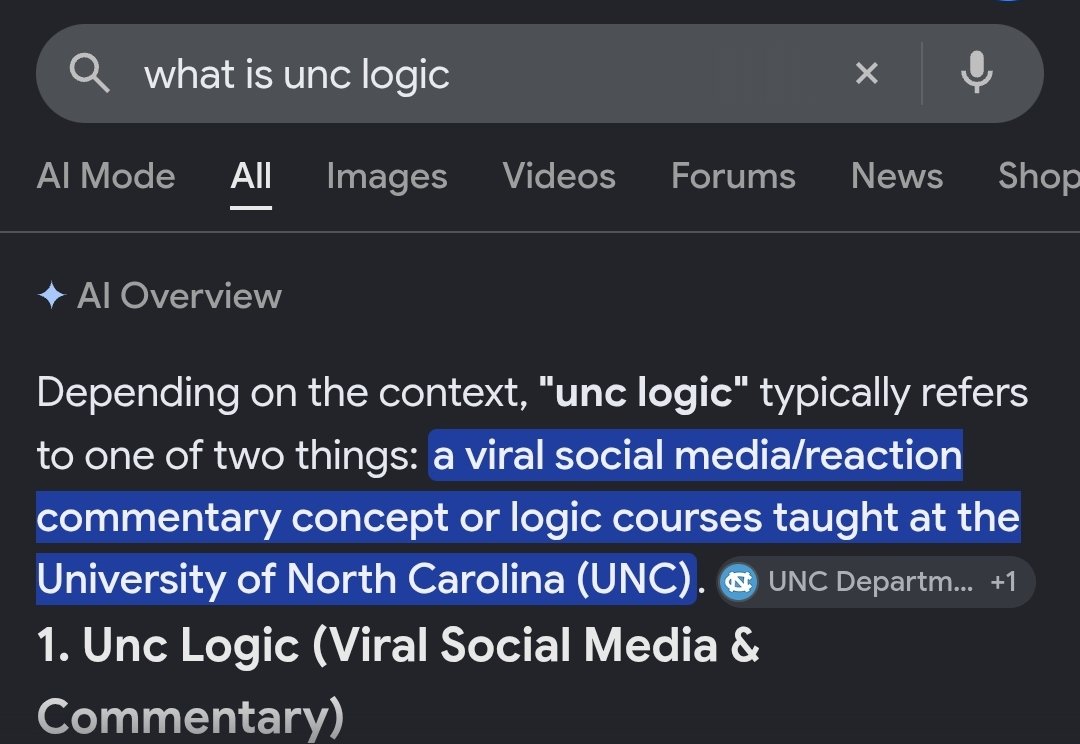Google AI Overview for the search what is unc logic describing Unc Logic as a viral social media and reaction commentary concept